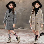 秋冬子供服、女の子格子縞コート、ミドル丈ウールコート、子供用ウインドブレーカー