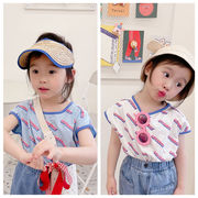 韓国の子供服、2024年夏の新作、ガールズコリアンスタイルコリアンノースリーブレース子供用Tシャツ