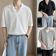 3色 夏服 無地 ポロシャツ メンズラペル 半袖ルーズ日本と韓国のファッション Tシャツ メンズ アパレル