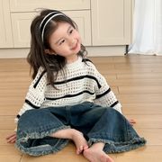 2024春の新作子供用ストライプ中空セーター、女の子用多用途セーター【@韓国に輸出する子供服工場】