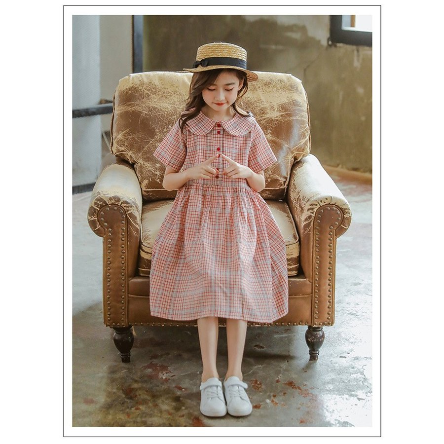 シャツワンピース 韓国子供服 子供ドレス チェック柄 ロング丈 切り替え 夏 半袖 リゾート 女の子
