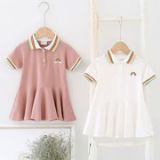 シャツワンピース 韓国子供服 子供ドレス ポロシャツ ロング丈 夏 刺繍 半袖 コットン フレアスカート