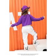 女の子 ヒップホップ トップス ロゴ へそ出し 紫 長袖 トレーナー ロングパンツ 白
