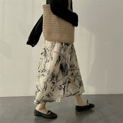 サポート！素晴らしい  質感 柔らかい綿糸 ロングスカート 水墨風ハーフスカート ミディアムスカート
