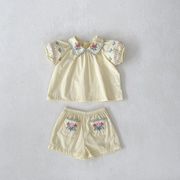 [73-100cm] 女の子2点セット  刺繍入り フラットカラートップス+パンツ セットアップ キッズ 子供服