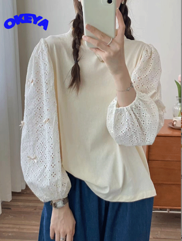 2024年秋新作　レディース服　トップス　シャツ　長袖　コットン　刺繍　カジュアル　透かし彫り　3色展開