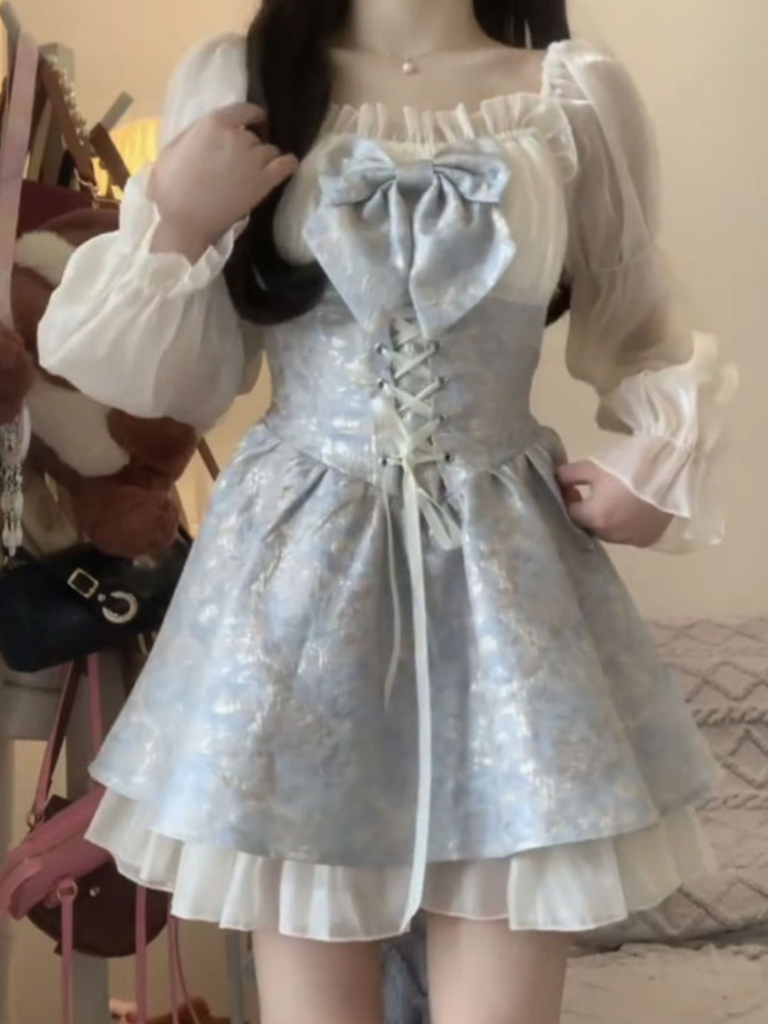 ★L～5L大きいサイズ★可愛いぽっちゃりさん　原宿系  胸元可愛いリボン 上品感 お姫様 異素材切替ピース