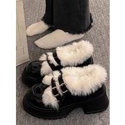 シューズ パンプス PU フェイクレザー 起毛 フェイクファー ベルト 靴 厚底 レディース
