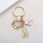 パール  金属 猫キーホルダー 花柄猫  白猫 キーホルダー 猫雑貨  キーチェーン
