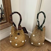 麦わらバッグ　パールバケツバッグ　ハンドバッグ　ビーチバッグ　韓国バッグ