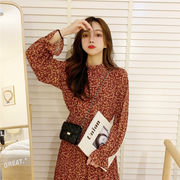 レディースワンピースチュニックシフォン　長袖花柄ドレス着痩せ体型カバーゆったり部屋着　韓国