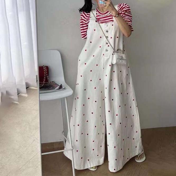【夏オシャレ】韓国風レディース服　夏　ハート柄　サロペットパンツ　オーバーオール　オールインワン