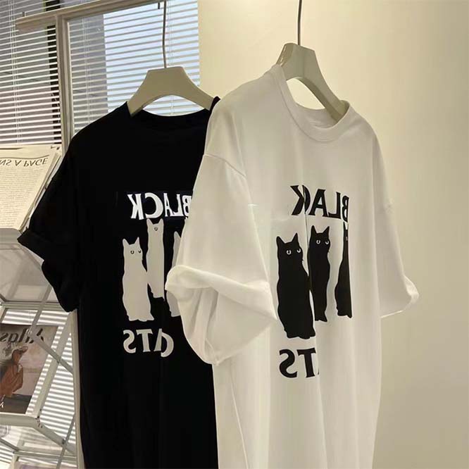 【2024夏新作】韓国風レディース服　夏 半袖Tシャツ 綿製 トップス 猫プリント  おしゃれ　綺麗め　