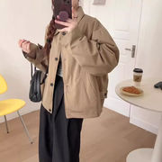 TSHEKシンプル ノーカラー ソリッドカラー ワークジャケット風 ルーズ マルチスタイル トップス アウター