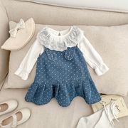 LL☆2025春新作 ベビー服女の子レース付けトップス＆ドット柄デニムワンピース2点セット