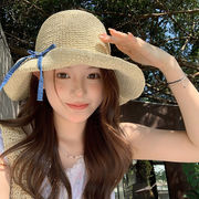 ストロー帽子　麦わら帽子　バケットハット　レディース　韓国ファッション　リボン