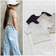 春夏親子コーデ ニット ストレッチ ピコットバック 半袖Tシャツ 女の子 ショートトップ おしゃれトップス