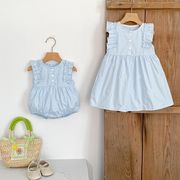 夏の新作 女の子用ワンピース リボン刺繍 ベビー用 姉妹おそろい
