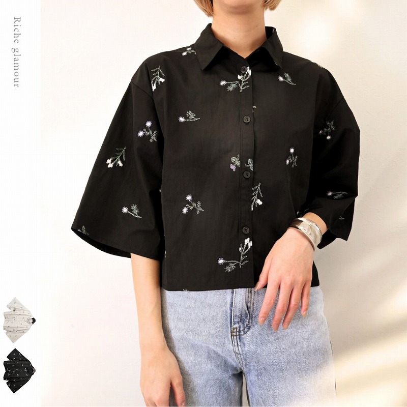 ブラウス シャツ TNタフタ花柄刺繍ハーフスリーブブラウス レディース ◎再入荷◎【2025新作】T/Nタフタ 花柄刺繍 ハーフスリーブ