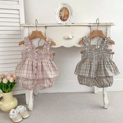 夏 ベビー服 女の子用 1-3歳 チェック柄キャミソールトップス＋ショートパンツ2点セット