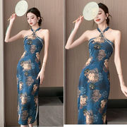 【即納】紺色 袖なし ロング丈 パーティードレス【3285】