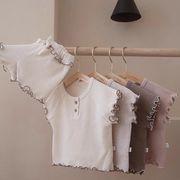 韓国風女の子夏用半袖パジャマセット ウェーブフリルTシャツ ホームウェア
