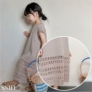 2025夏新作 韓国風女の子無地ラウンドネック無袖裾透かし編みワンピース