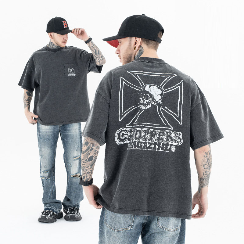 メンズ 新作 スカルプリント ヴィンテージTシャツ 半袖Tシャツ ストリート系 トップス ラウンドネック★