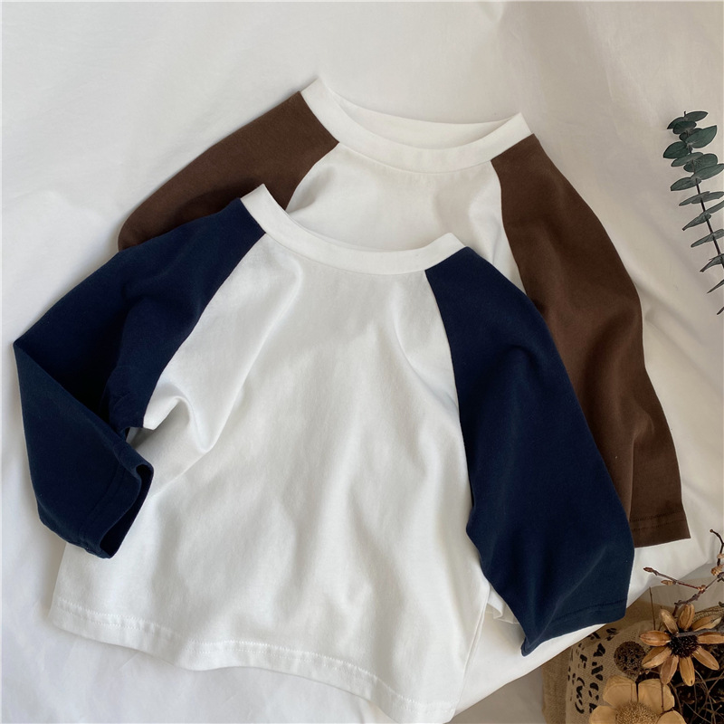全2色[80-130cm] 女の子男の子 切り替え長袖Tシャツ 韓国風 トップス  カットソー 春夏 キッズ 子供服