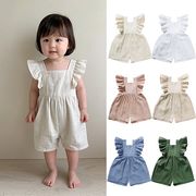 2025夏 女児用 ベビーリネンつなぎショートパンツ オーバーオール 乳幼児用ロンパース ハイハイ服