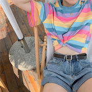 【新作】春夏虹ストライプトップス半袖Tシャツカジュアル
