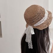 夏用 キッズ麦わら帽子 通気レース リボン付き 日よけ ビーチ用 女の子用 広縁帽子