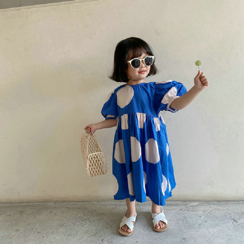 女の子用ワンピース 大きなドット柄 パフスリーブ プリンセスドレス 2025年夏服
