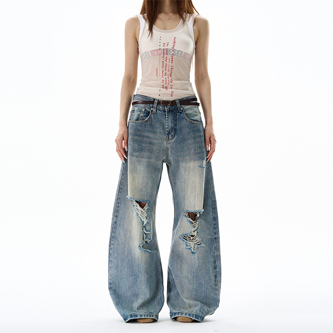 アメリカンヴィンテージ風ダメージ竹節柄バナナカットワイドデニムパンツ メンズ