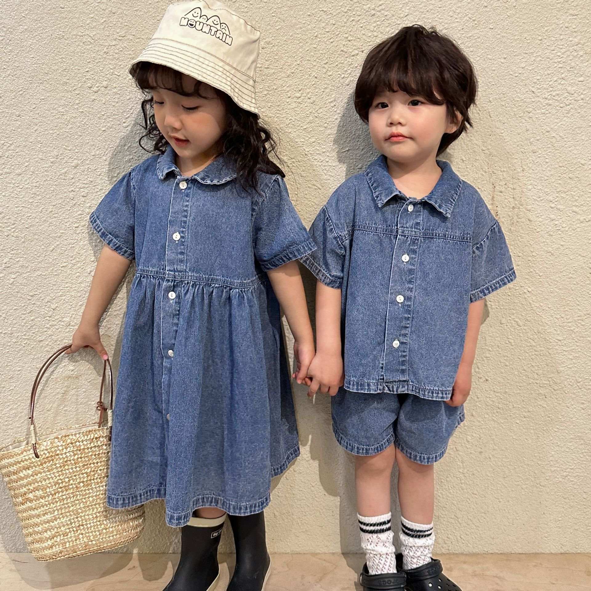2025新作 キッズ夏服 男の子デニムセット 女の子半袖ワンピース
