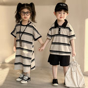 2025夏新作 子供服セットアップ 男の子ボーダーTシャツ＋女の子ワンピース兄妹ペア服