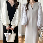 ワンピース レディース ロング丈ワンピース 長袖 異素材 Vネック レース 気質 きれいめ