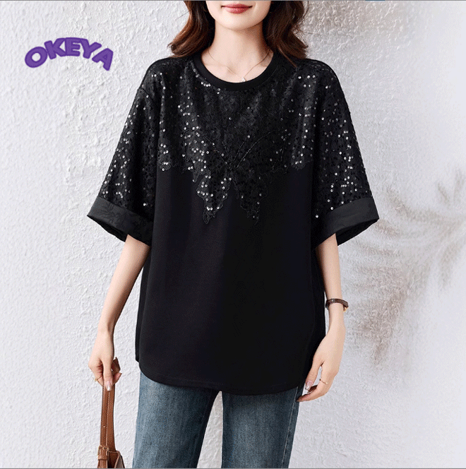 ご依頼価格変更中MA＊RS 背中レースバックルキラキラTシャツカットソー レディース服 トップス 韓国風 ファション tシャツ 半袖 ゆったり