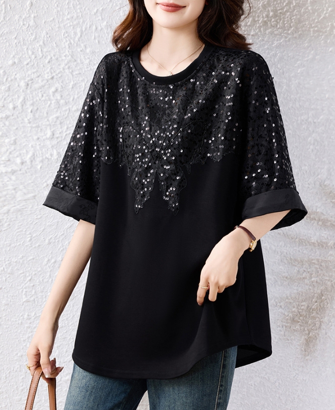ご依頼価格変更中MA＊RS 背中レースバックルキラキラTシャツカットソー レディース服 トップス 韓国風 ファション tシャツ 半袖 ゆったり