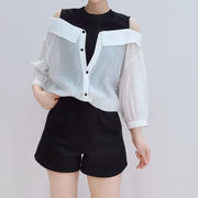クルーネック 肩出しバイカラーデザイン フェイクレイヤードシャツ