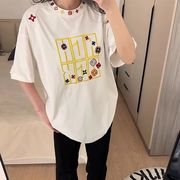 トップス カットソー Tシャツ 半袖 プリント クルーネック ラウンドネック 刺繍