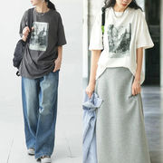 ANJIL☆カラースプレーTシャツ＋テンセル薄手デニムパンツ レディース2点セットアップ