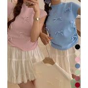 【日本倉庫即納】 リボン付きリブニット プチハイネック夏服