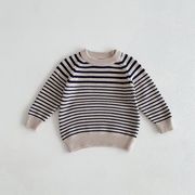 [80-130cm] 子供 秋新作 キッズニットトップス セーター 男女兼用 ボーダー柄 ラウンドネック ストラップ柄