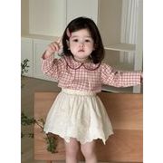 2025秋新作 INS 韓国風子供服  女の子 長袖 トップス  チェック柄 シャツ &スカート  73cm-100cm