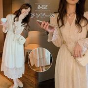 ワンピース レースワンピース ロング丈 レディース Vネット 体型カバー 長袖 シンプル カジュアル
