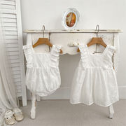 2025夏新作　子供服　姉妹服　レース　フラッタースリーブ　ロンパース　ワンピース　2タイプ　可愛い