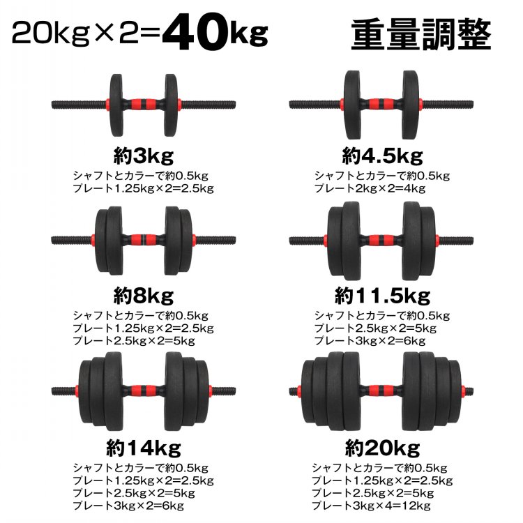 ダンベル40kg 可変式 20kg *2個セット 筋トレ バーベル 鉄アレイ