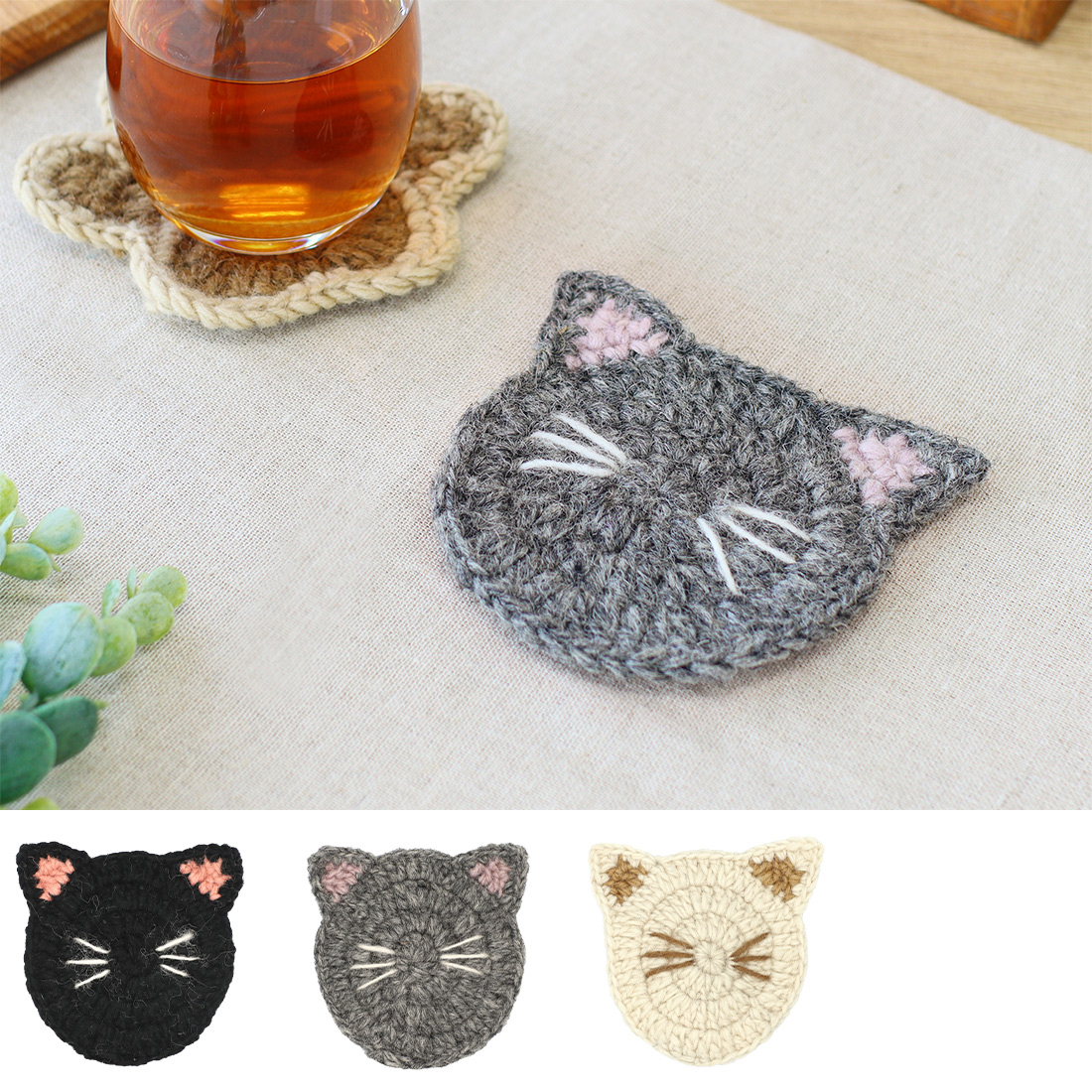 ネパールニット コースター ネコフェイス[キッチンねこ猫キャット羊毛ひつじウール25AW]