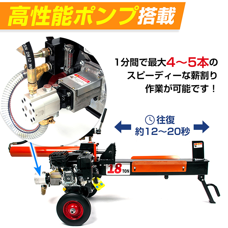 油圧式薪割り機 エンジン式 18t 6.5馬力 カッター 直径500mm 強力 薪 